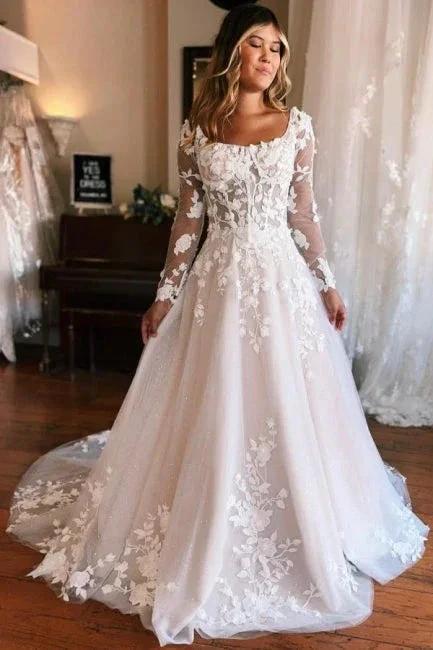 Square Neck Long Sleeves A-Line Lace Wedding Dress (ZD15697) - VelvetHem