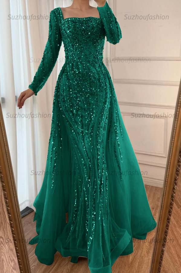 Square Neck Long Sleeves Long Mermaid Evening Formal Dress With Beading Tulle
