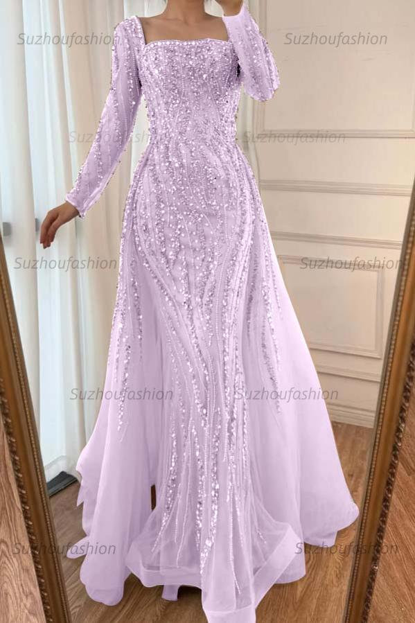 Square Neck Long Sleeves Long Mermaid Evening Formal Dress With Beading Tulle