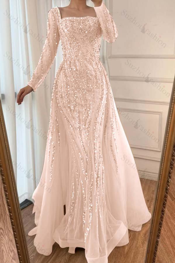 Square Neck Long Sleeves Long Mermaid Evening Formal Dress With Beading Tulle