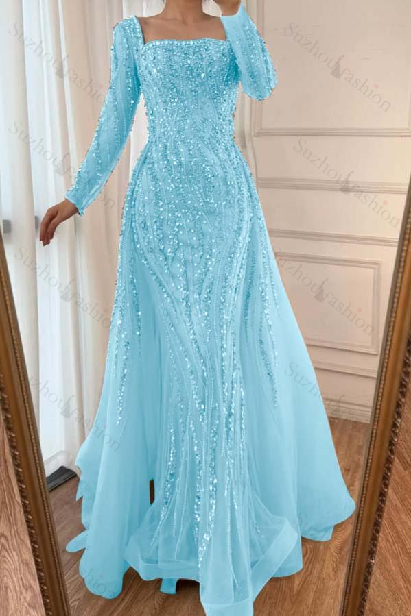 Square Neck Long Sleeves Long Mermaid Evening Formal Dress With Beading Tulle