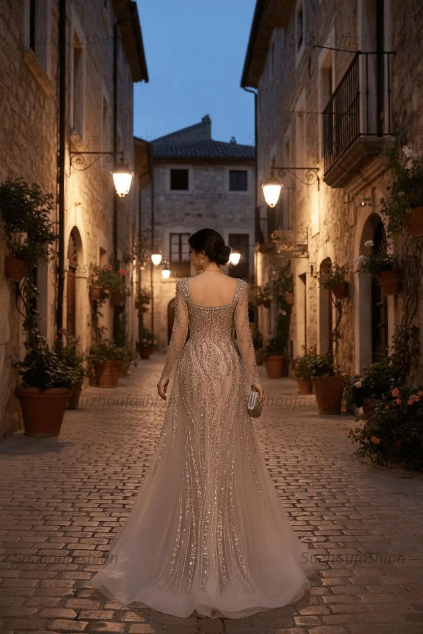 Square Neck Long Sleeves Long Mermaid Evening Formal Dress With Beading Tulle