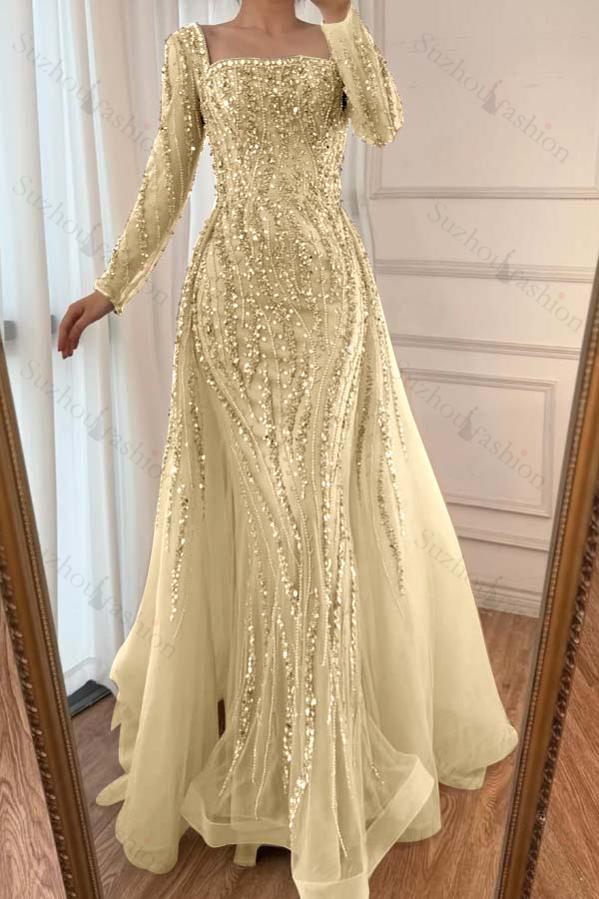 Square Neck Long Sleeves Long Mermaid Evening Formal Dress With Beading Tulle
