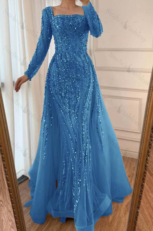 Square Neck Long Sleeves Long Mermaid Evening Formal Dress With Beading Tulle