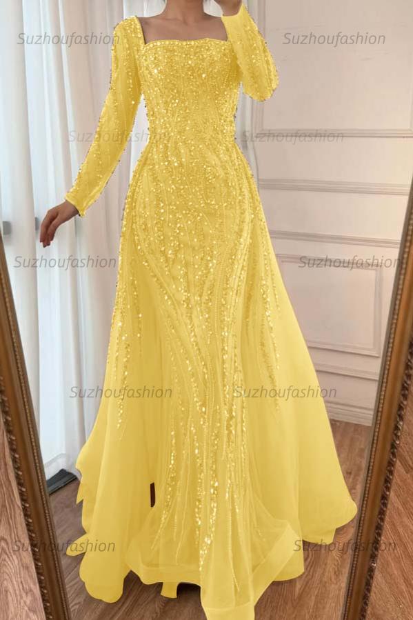 Square Neck Long Sleeves Long Mermaid Evening Formal Dress With Beading Tulle