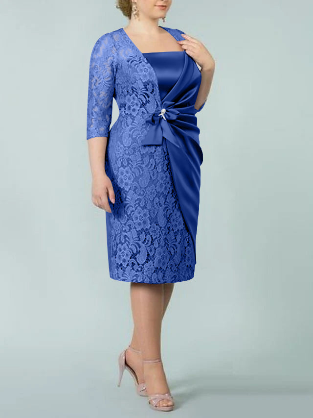 Square Neck Tea Length Sheath Column Dress for the Mother of the Bride