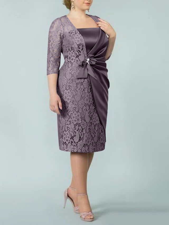 Square Neck Tea Length Sheath Column Dress for the Mother of the Bride
