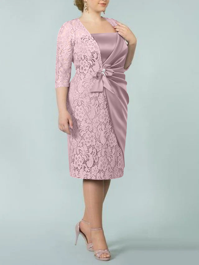 Square Neck Tea Length Sheath Column Dress for the Mother of the Bride