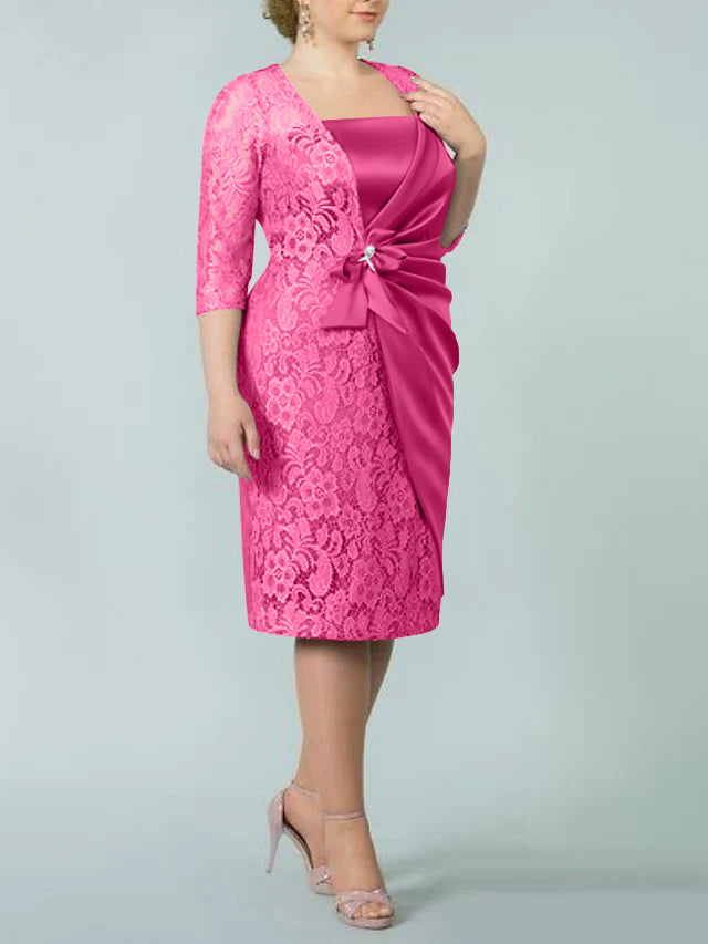 Square Neck Tea Length Sheath Column Dress for the Mother of the Bride