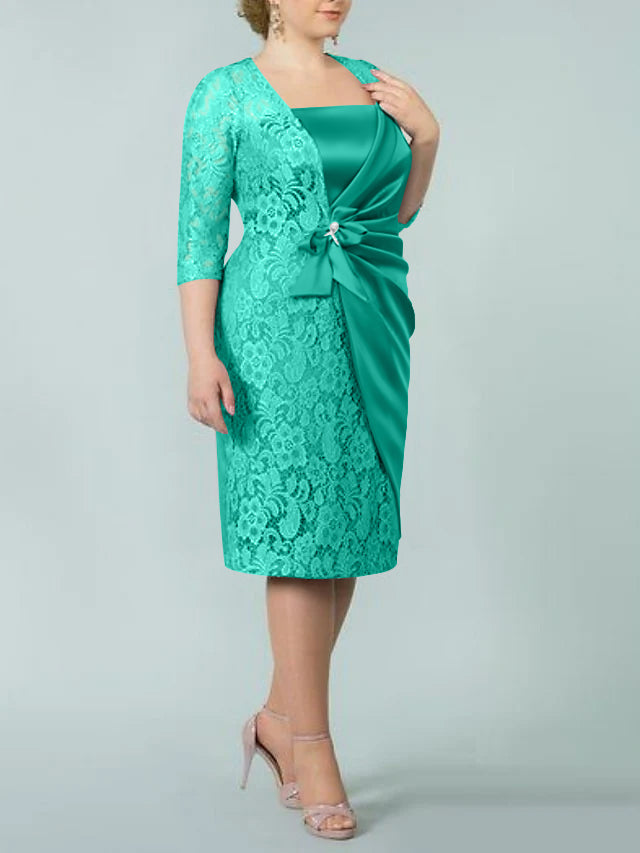 Square Neck Tea Length Sheath Column Dress for the Mother of the Bride