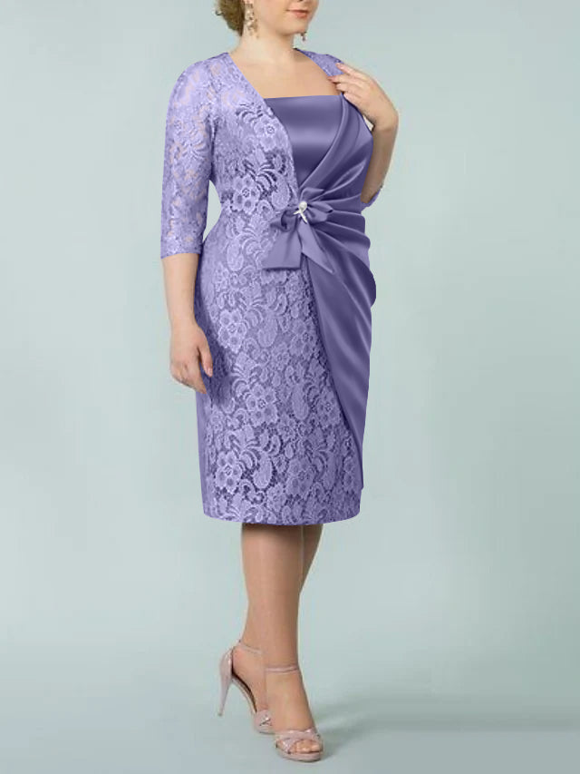 Square Neck Tea Length Sheath Column Dress for the Mother of the Bride