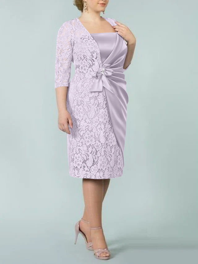Square Neck Tea Length Sheath Column Dress for the Mother of the Bride