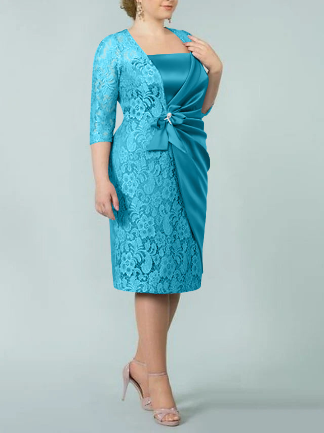 Square Neck Tea Length Sheath Column Dress for the Mother of the Bride