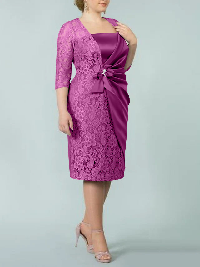 Square Neck Tea Length Sheath Column Dress for the Mother of the Bride