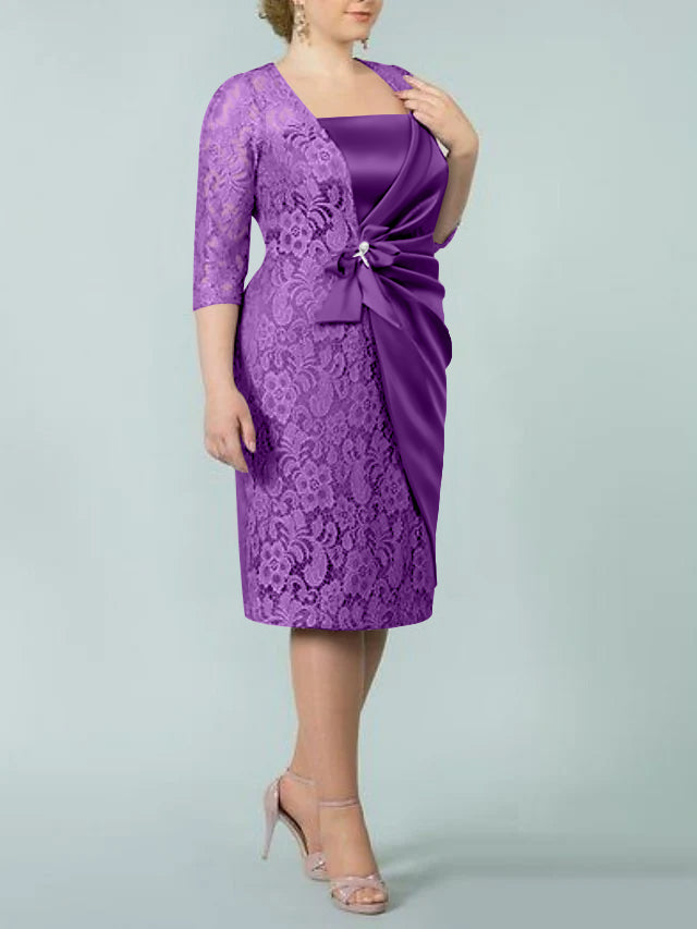 Square Neck Tea Length Sheath Column Dress for the Mother of the Bride