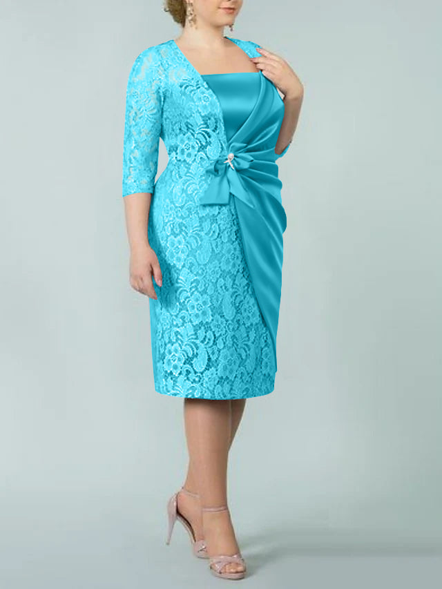 Square Neck Tea Length Sheath Column Dress for the Mother of the Bride