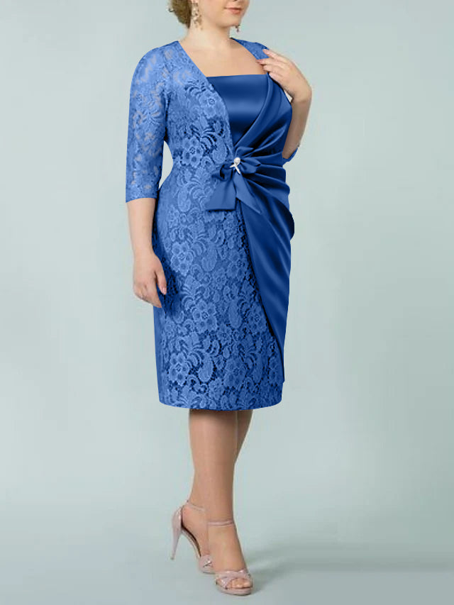 Square Neck Tea Length Sheath Column Dress for the Mother of the Bride