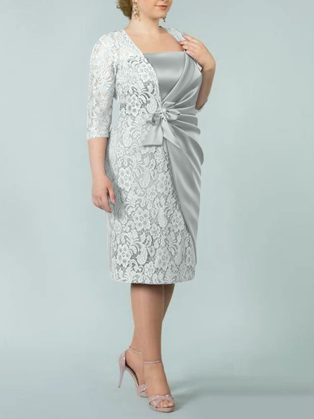Square Neck Tea Length Sheath Column Dress for the Mother of the Bride