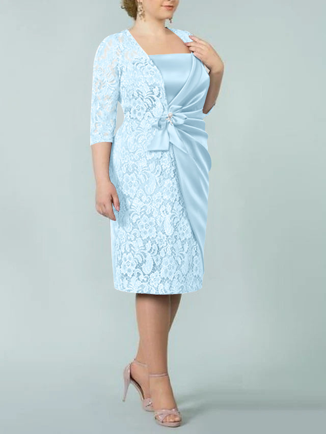 Square Neck Tea Length Sheath Column Dress for the Mother of the Bride