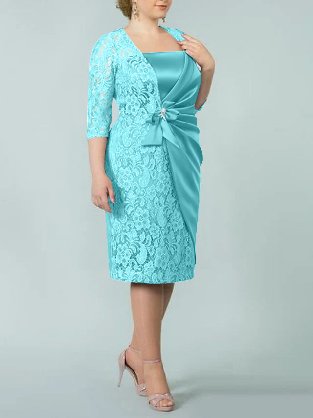 Square Neck Tea Length Sheath Column Dress for the Mother of the Bride