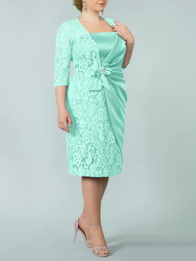 Square Neck Tea Length Sheath Column Dress for the Mother of the Bride