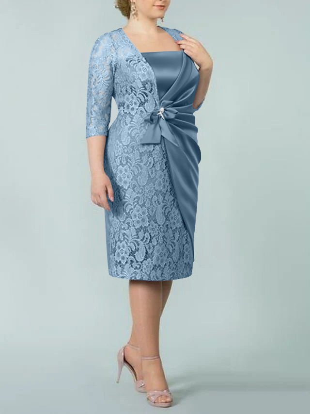 Square Neck Tea Length Sheath Column Dress for the Mother of the Bride