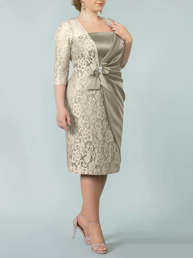 Square Neck Tea Length Sheath Column Dress for the Mother of the Bride