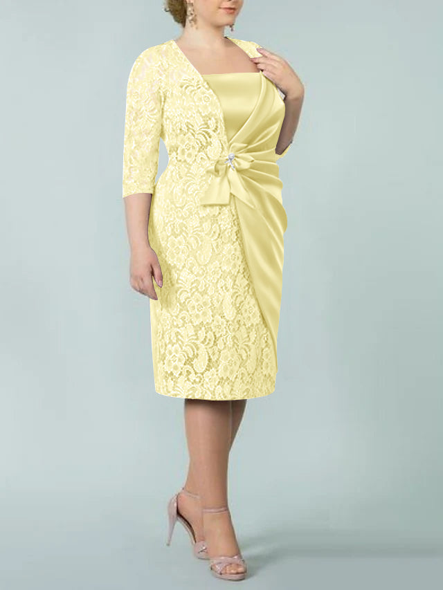 Square Neck Tea Length Sheath Column Dress for the Mother of the Bride