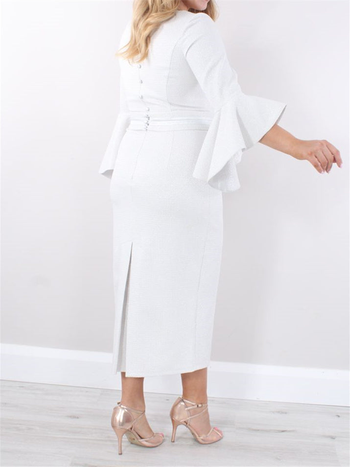 Square Neck Tea Length Sheath Column Mother of the Bride Dress with 3/4 Sleeves and Ruffles