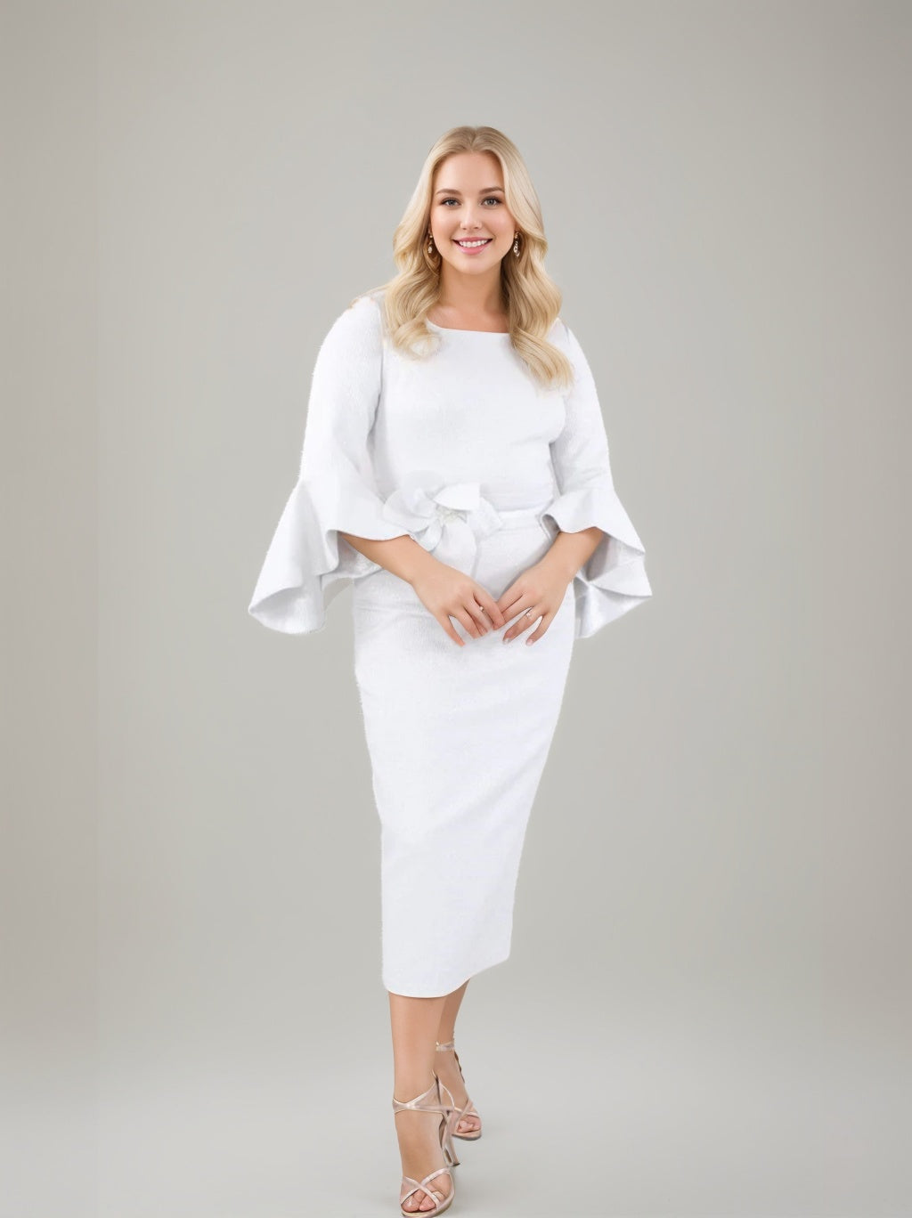 Square Neck Tea Length Sheath Column Mother of the Bride Dress with 3/4 Sleeves and Ruffles
