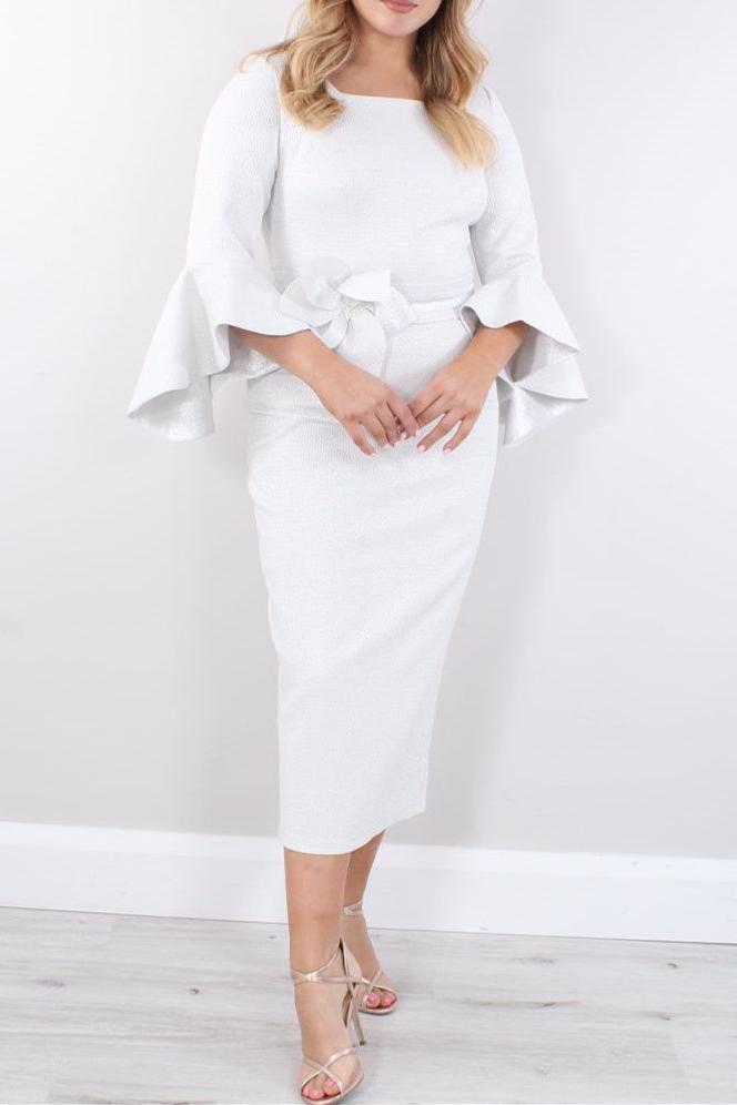 Square Neck Tea Length Sheath Column Mother of the Bride Dress with 3/4 Sleeves and Ruffles