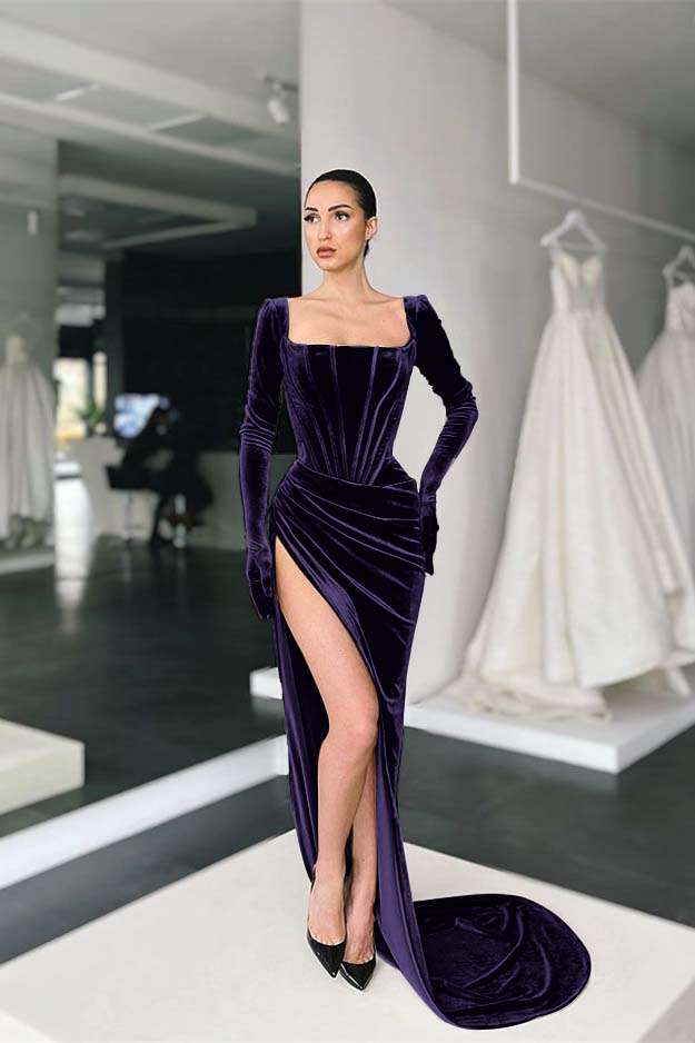 Square Neck Velvet Prom Dress Long Sleeve Evening Formal Dress With Split