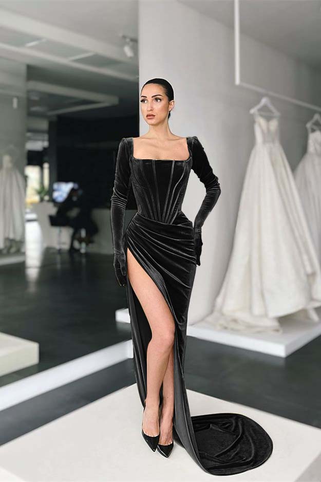 Square Neck Velvet Prom Dress Long Sleeve Evening Formal Dress With Split
