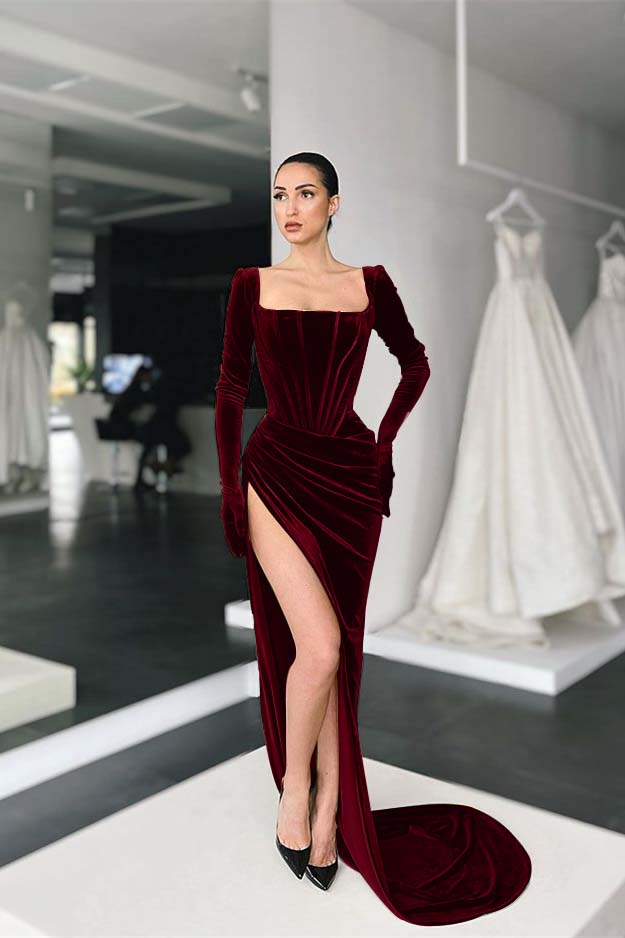 Square Neck Velvet Prom Dress Long Sleeve Evening Formal Dress With Split
