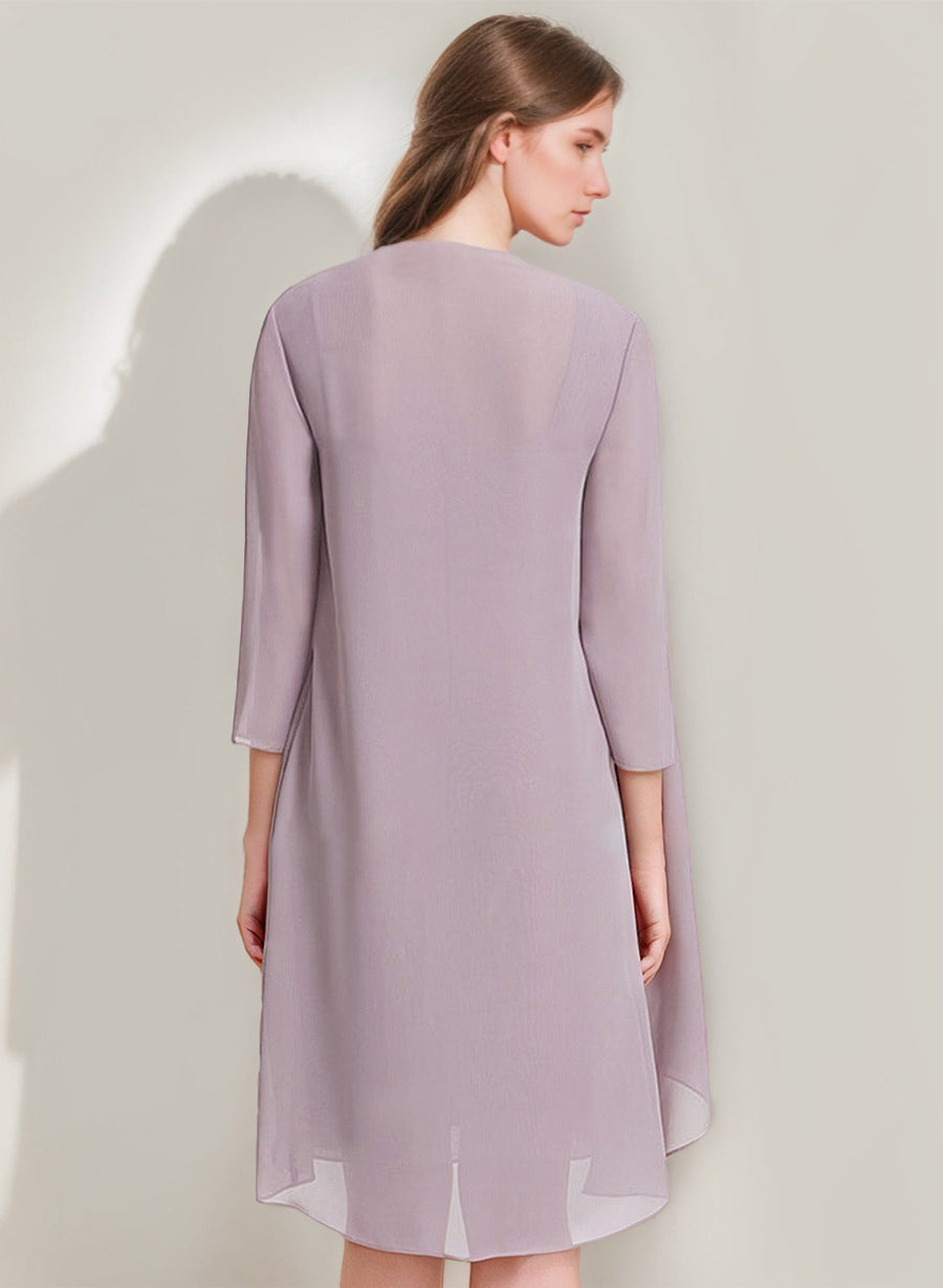 Square Neckline 3/4 Sleeve Knee Length Sheath Column Mother of the Bride Dress with Jacket Ruffles Pleats and Beads