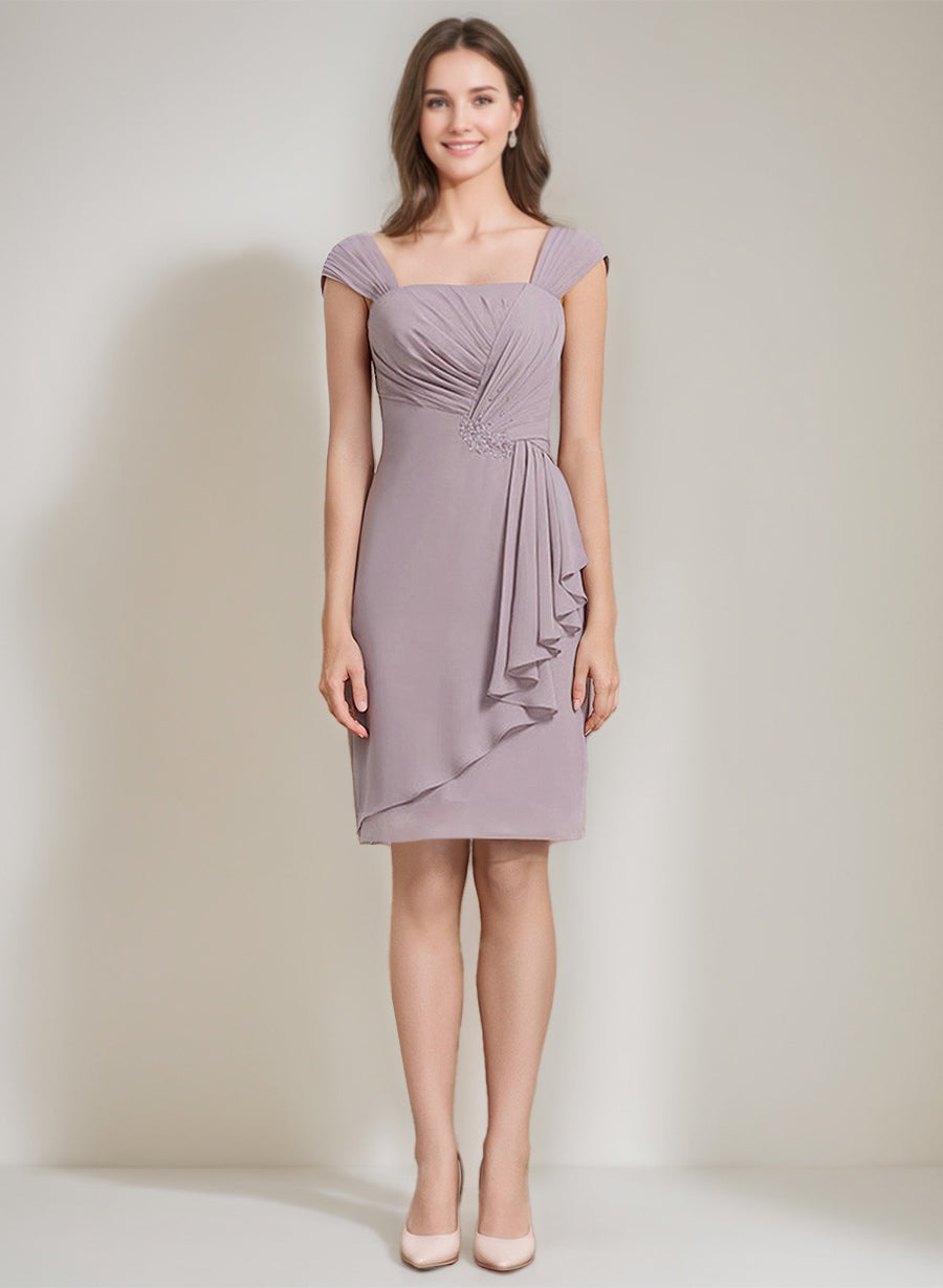 Square Neckline 3/4 Sleeve Knee Length Sheath Column Mother of the Bride Dress with Jacket Ruffles Pleats and Beads