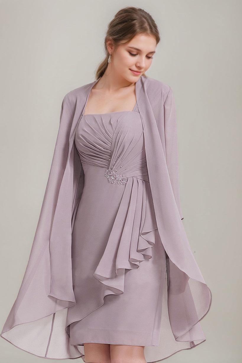Square Neckline 3/4 Sleeve Knee Length Sheath Column Mother of the Bride Dress with Jacket Ruffles Pleats and Beads