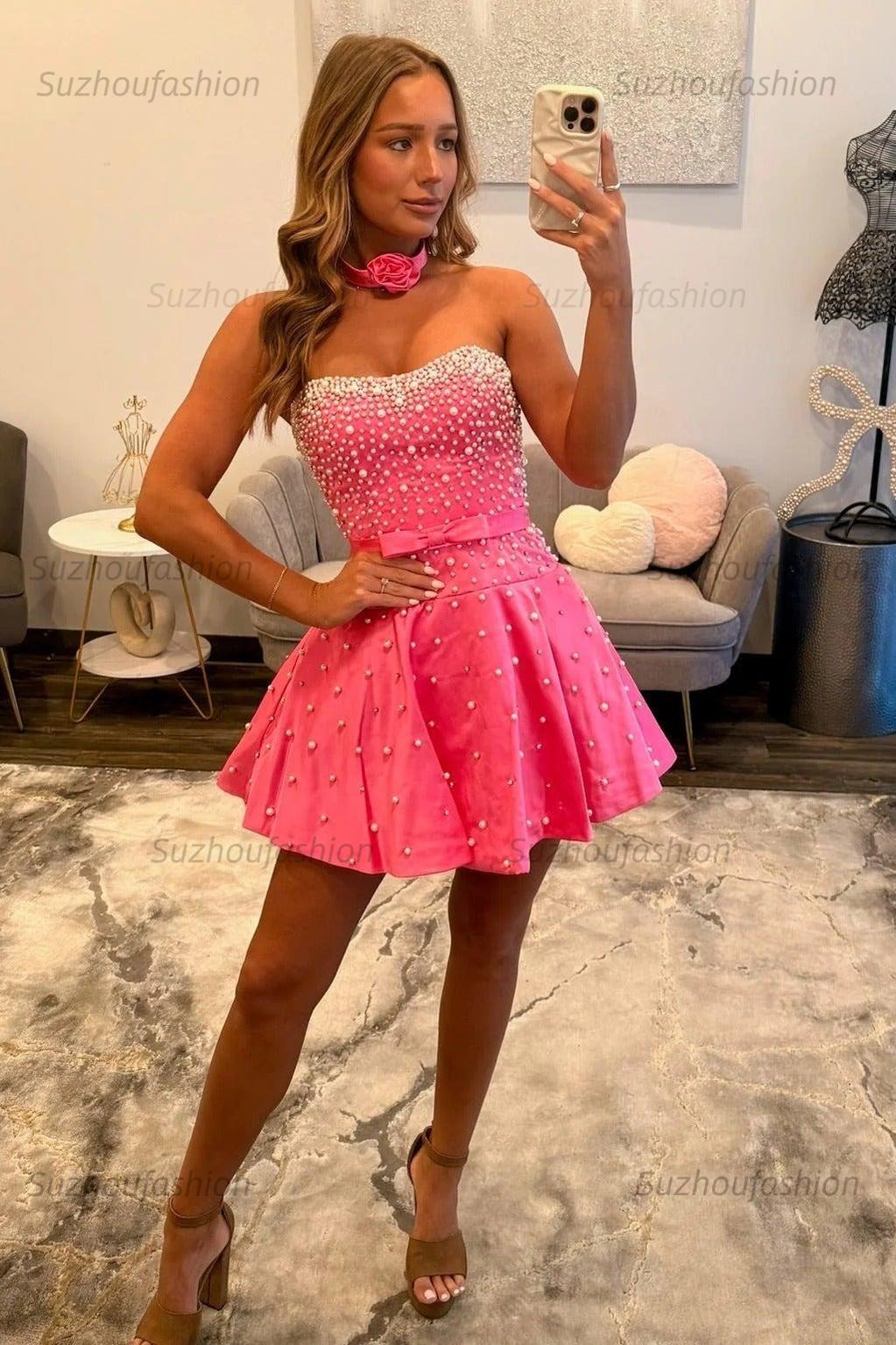 Strapless A Line Homecoming Dress Short Party Dress with Faux Pearls
