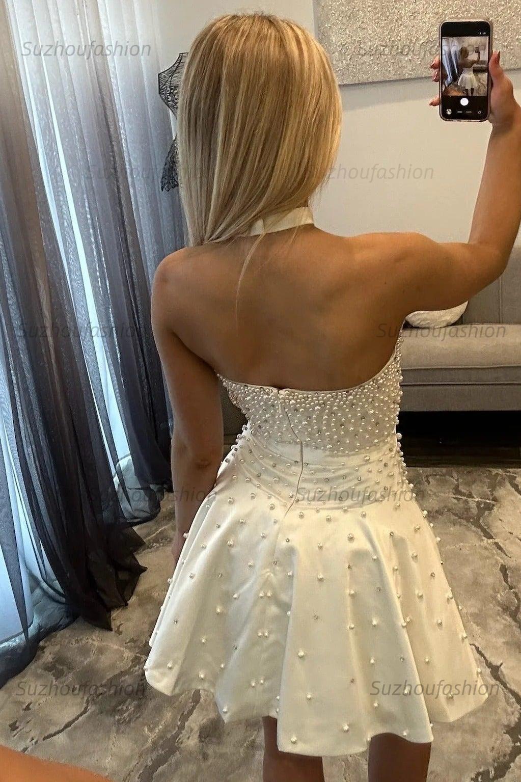 Strapless A Line Homecoming Dress Short Party Dress with Faux Pearls
