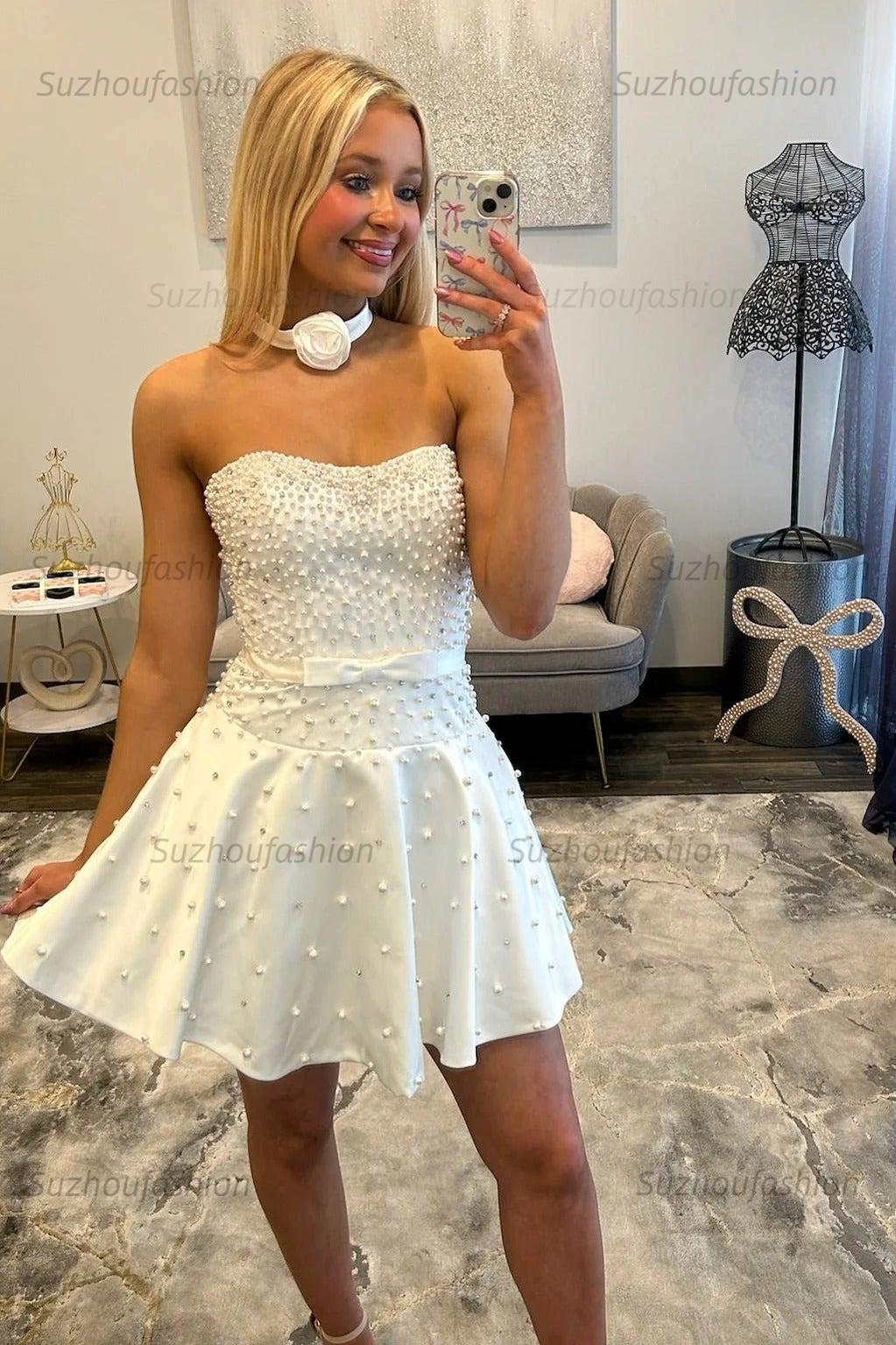 Strapless A Line Homecoming Dress Short Party Dress with Faux Pearls