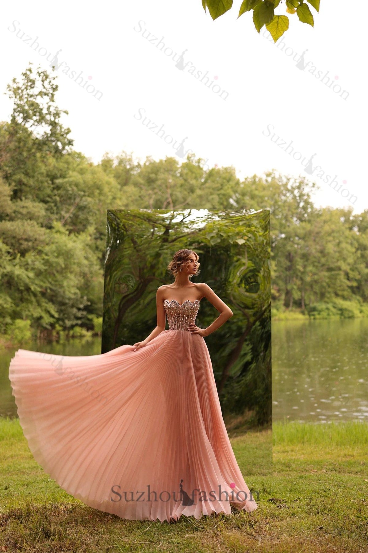Strapless A Line Prom Dress Beaded Pink Corset Formal Dress