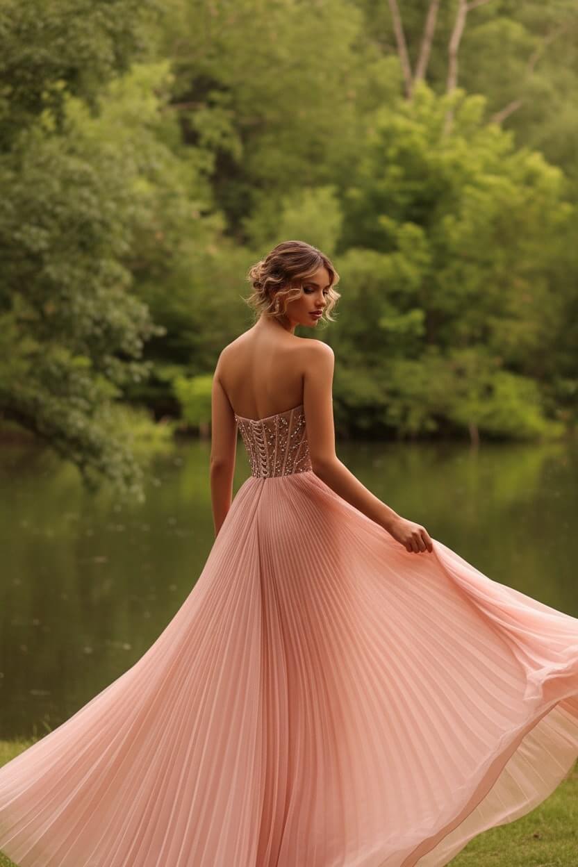 Strapless A Line Prom Dress Beaded Pink Corset Formal Dress