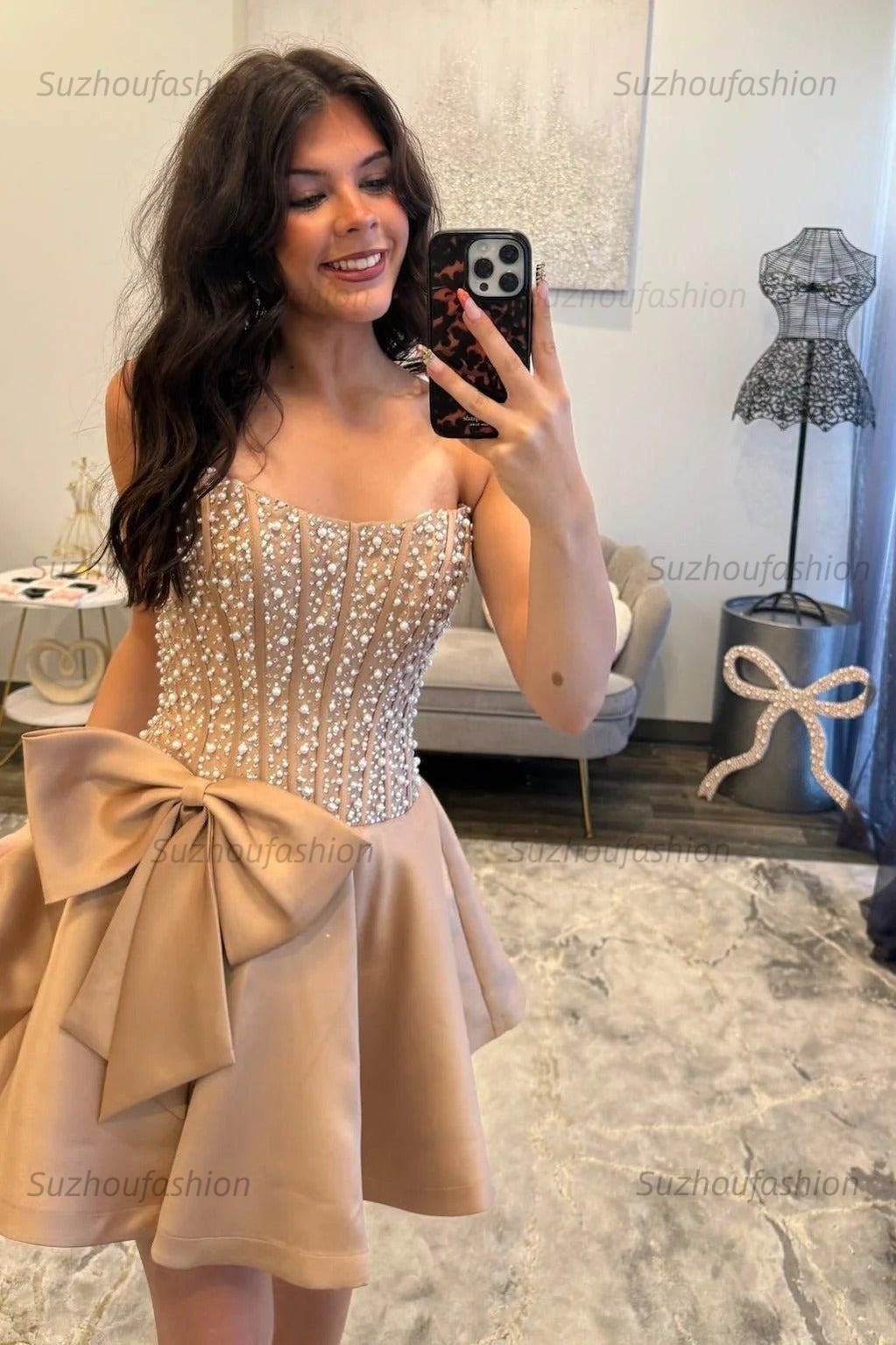 Strapless Beaded Homecoming Dress A Line Sleeveless Short Party Dress with Bowknot