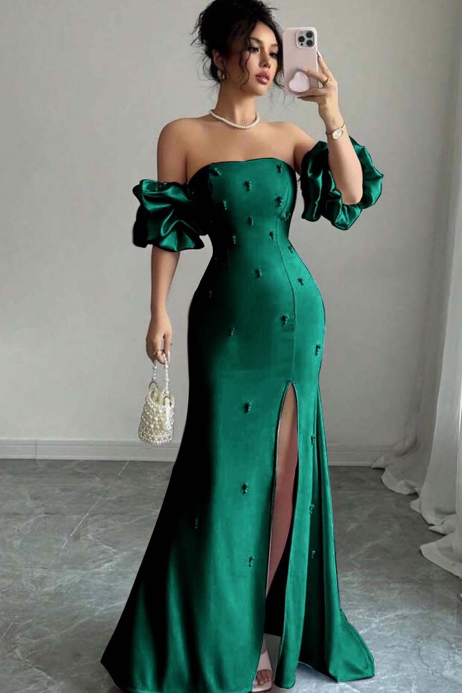 Strapless Bubble Sleeves Long Split Evening Formal Dress With Beading