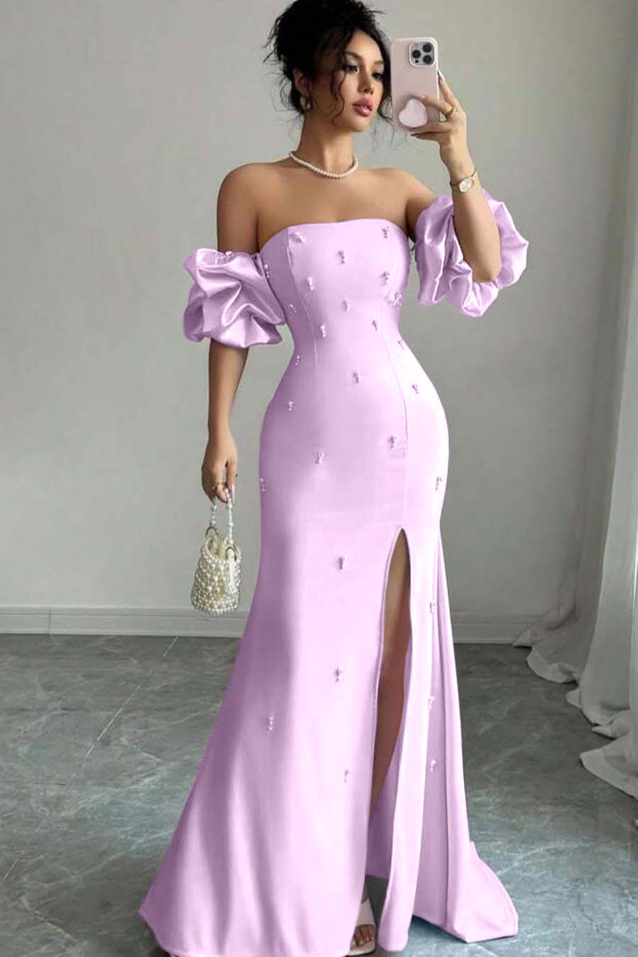 Strapless Bubble Sleeves Long Split Evening Formal Dress With Beading