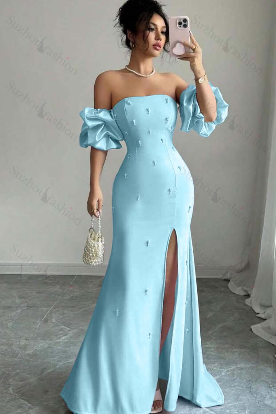 Strapless Bubble Sleeves Long Split Evening Formal Dress With Beading