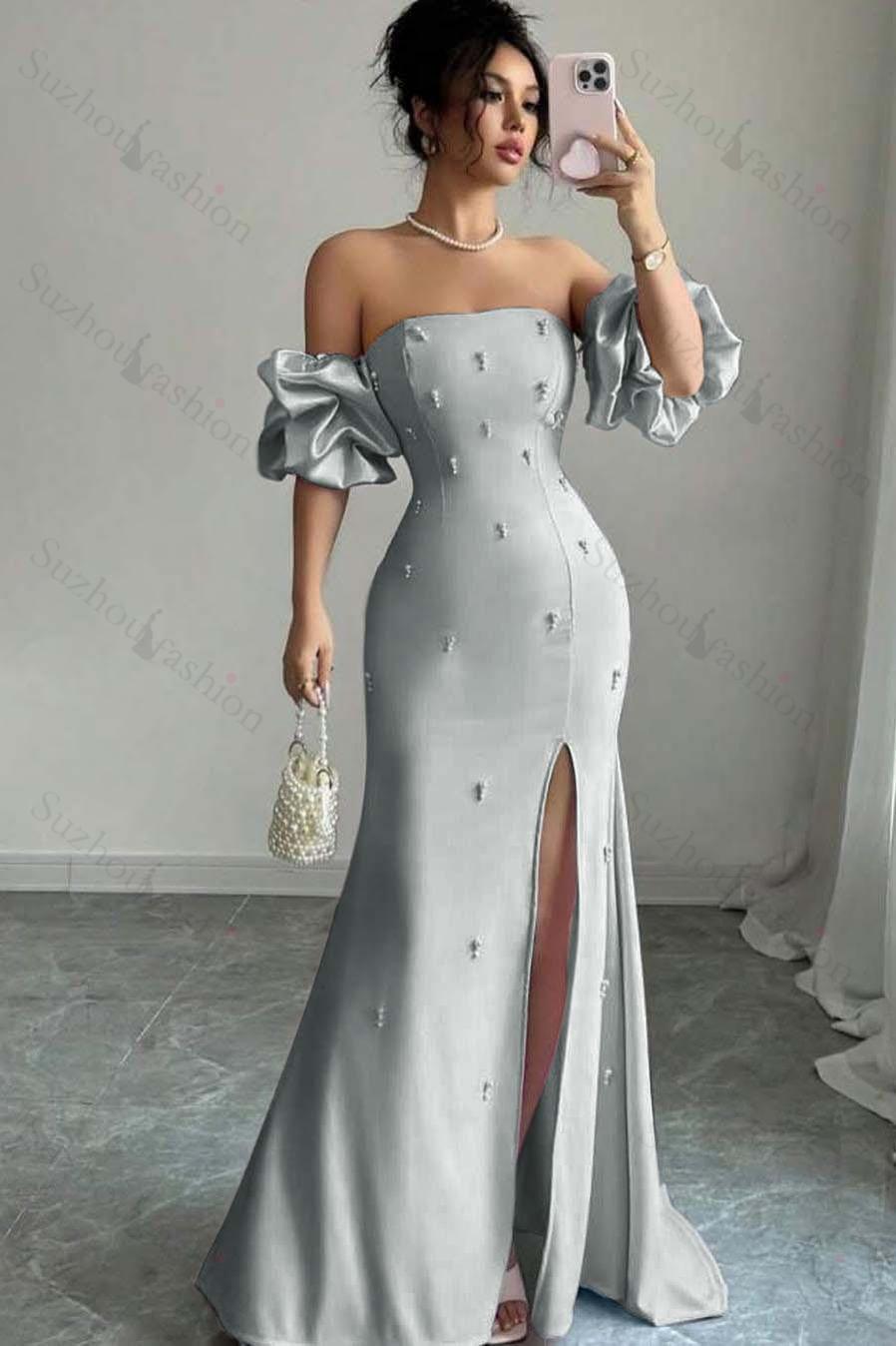Strapless Bubble Sleeves Long Split Evening Formal Dress With Beading