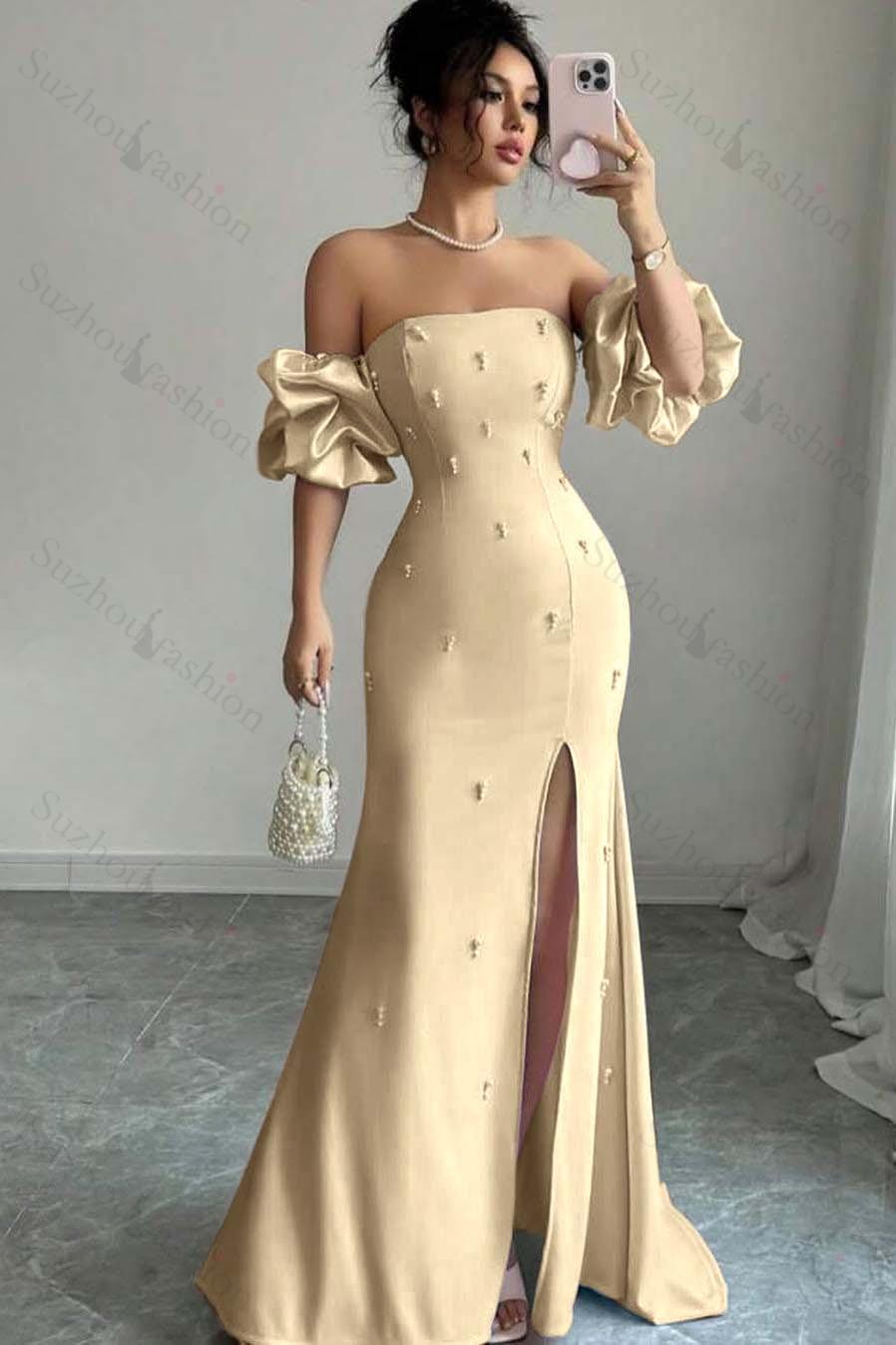 Strapless Bubble Sleeves Long Split Evening Formal Dress With Beading