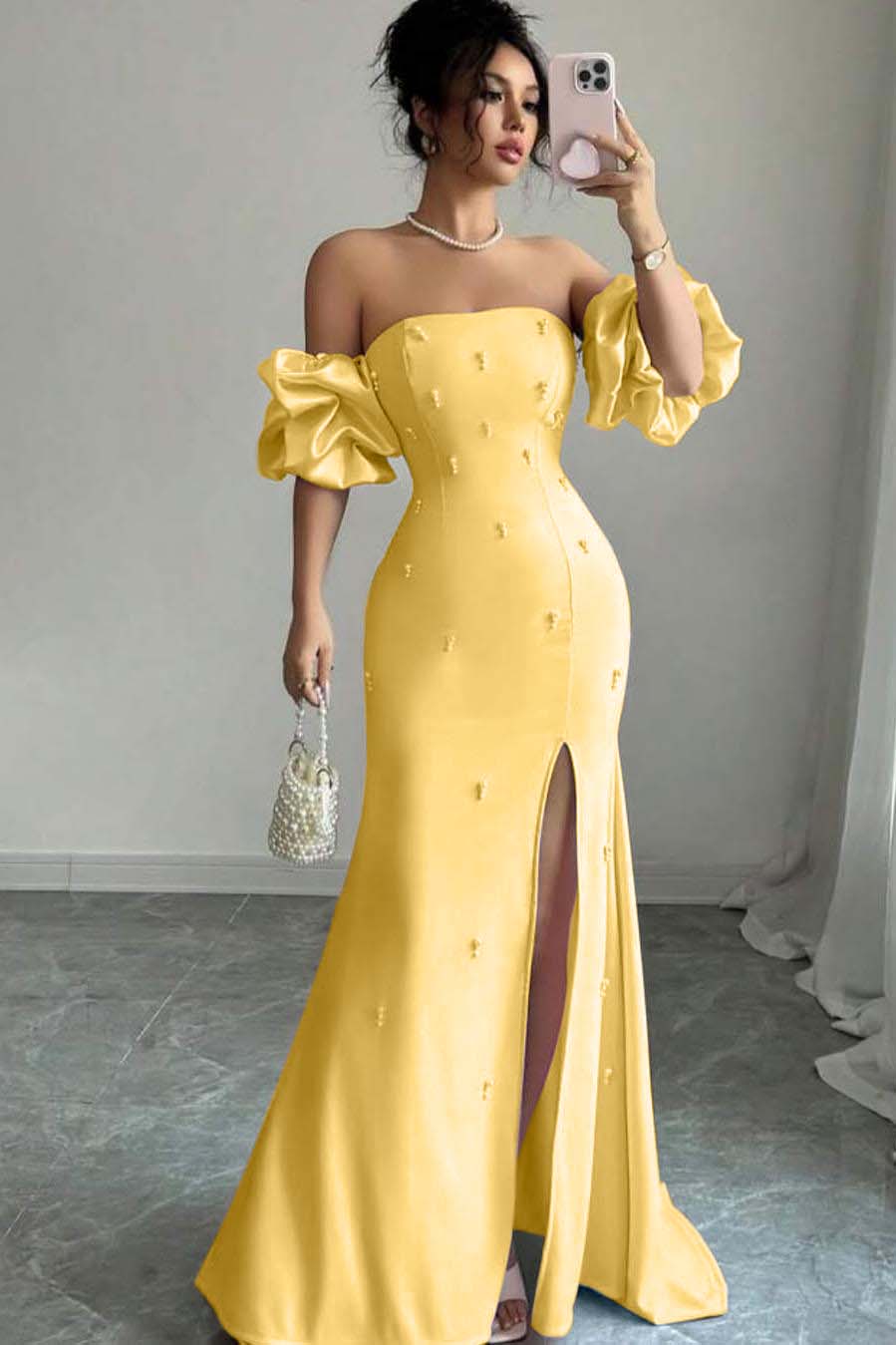 Strapless Bubble Sleeves Long Split Evening Formal Dress With Beading