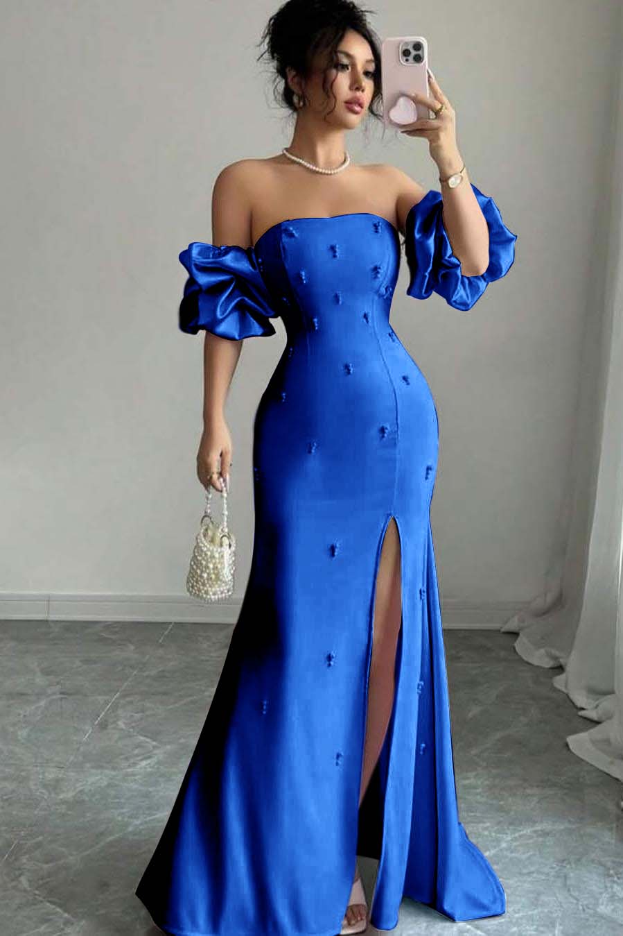 Strapless Bubble Sleeves Long Split Evening Formal Dress With Beading